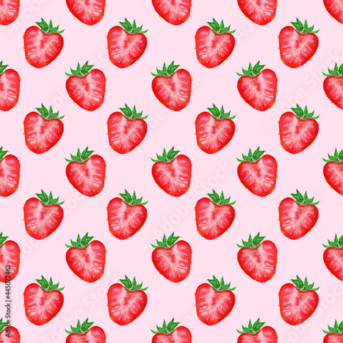 Watercolor hand drawn sketch red strawberry berry slice seamless pattern texture background