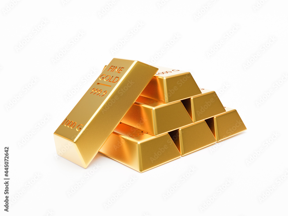 Isolated of heap of gold bar or gold ingot stacking on white background by 3D rendering technique.