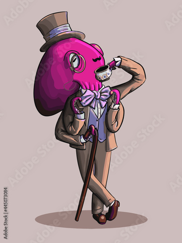 Vector illustration of detective octopus holding cup of tea