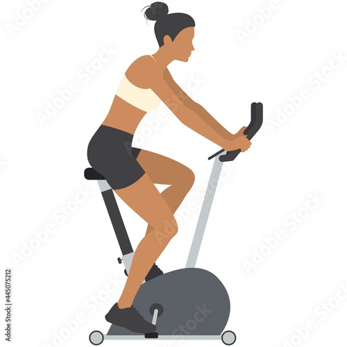 Woman riding exercise bike vector icon isolated on white