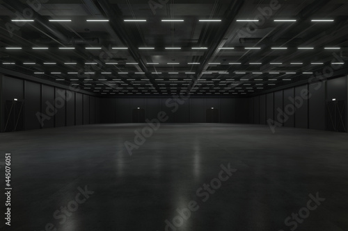 Fototapeta Naklejka Na Ścianę i Meble -  Empty hall exhibition centre. The backdrop for exhibition stands, booth elements.Conversation centre for the conference.Big Arena for entertainment,concert, event. Indoor stadium for sports.3d render.