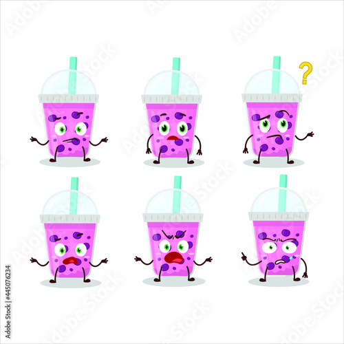 Cartoon character of grapes milk with boba with what expression. Vector illustration