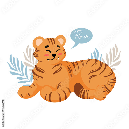 Fototapeta Naklejka Na Ścianę i Meble -  Cute lying tiger growls roar childrens vector illustration in cartoon style. For nursery, posters, stickers, postcards, prints on fabric t-shirts. International Tiger Day. Symbol Chinese New Year 2022