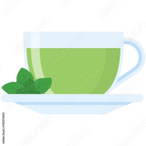 Green tea cup with vector mint leaf isolated icon