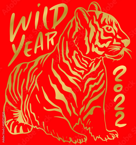 New year gold lettering on red background. 2022 year of tiger. Vector illustration.