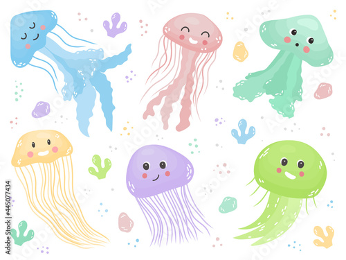 Cute bright set of jellyfish of different species