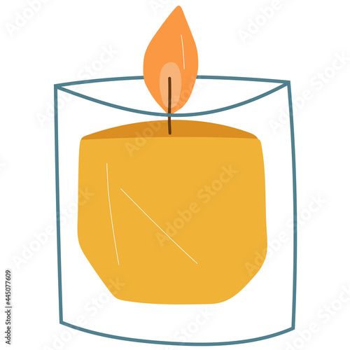 Modern burning yellow candle in jar.Trendy home decorative element