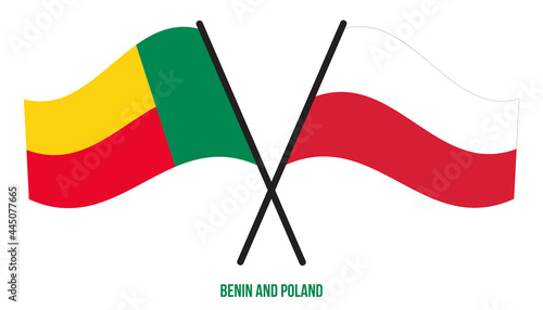 Benin and Poland Flags Crossed And Waving Flat Style. Official Proportion. Correct Colors.