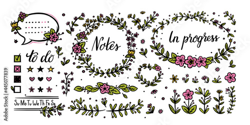 Bullet journal floral elements for decoration. Flower dividers and handwritten calligraphy for diary designs. Doodle vector illustration isolated in white background