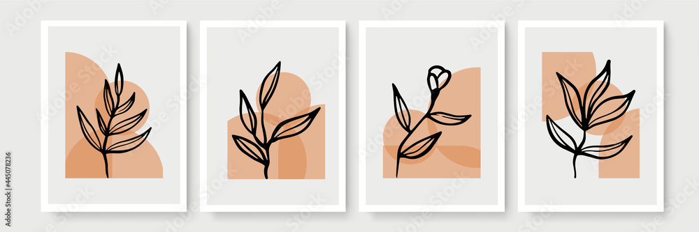 Stylish set of templates with abstract shapes and hand draw leaves in pastel colors. Neutral background in boho style. Vector Illustration