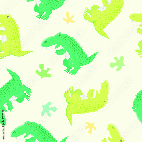 Seamless pattern with alligator and plant on a light yellow background. Cute cartoon animal. Vector illustration.