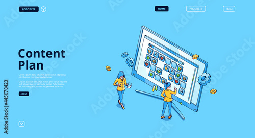 Content plan banner. Concept of organization work in social media, publication management. Vector landing page with isometric women and calendar with icons on computer screen