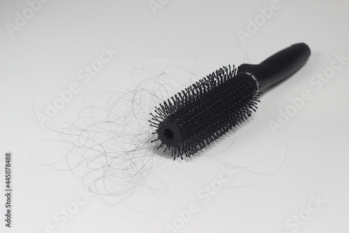 Photo Hair fall at white Black plastick comb  White Background