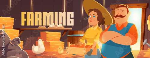Farmers in barn cartoon banner, ranchers farm house with chicken and vegetable or fruit crop. Agricultural production, poultry or fowl eco food, ranch market natural products, vector web banner