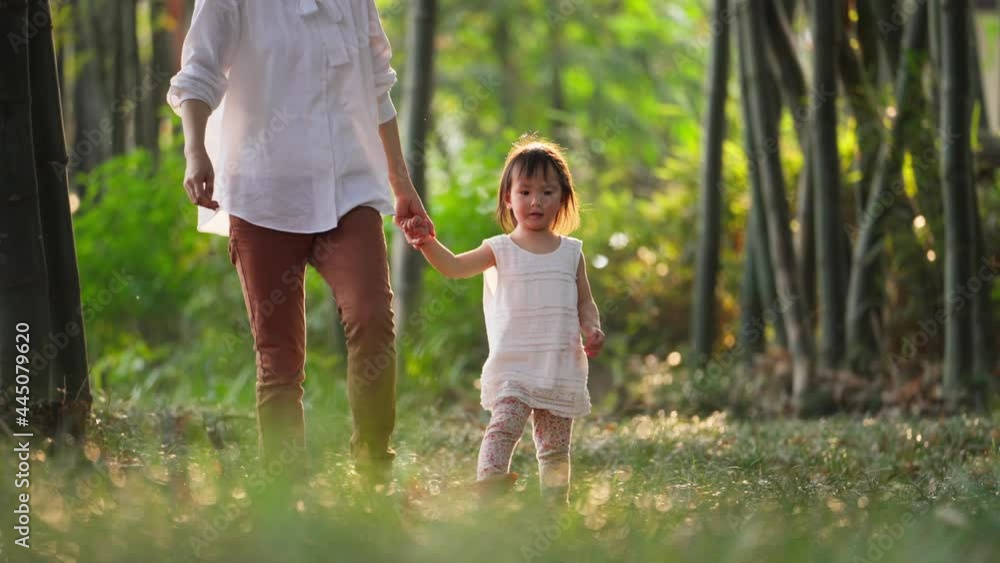 4k slow motion of lovely asian baby girl holding mother's hand walking in the sunny nature bamboo woods 4k slow motion of lovely asian baby girl holding mother's hand walking in the sunny nature bamboo woods