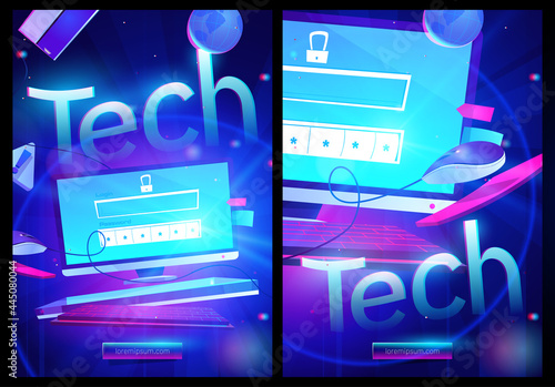 Tech cartoon poster, computer neon glowing desktop with lock, login and password form. Personal data protection, mobile life, internet social networks media cyber privacy protect, Vector web banner