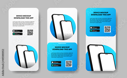 social media stories banner advertising for downloading app for mobile phone, double smartphone. Download buttons with scan qr code template. 3D perspective phone