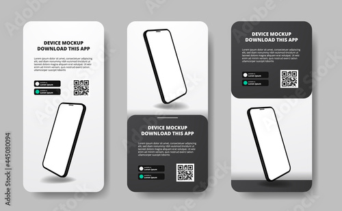 social media stories banner advertising for downloading app for mobile phone, float smartphone. Download buttons with scan qr code template. 3D perspective phone