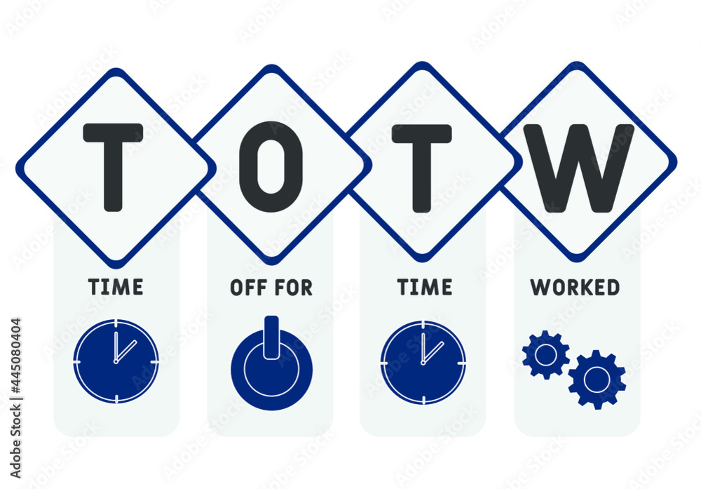 TOTW - Time Off for Time Worked acronym. business concept background. vector illustration concept with keywords and icons. lettering illustration with icons for web banner, flyer, landing TOTW - Time Off for Time Worked acronym. business concept background. vector illustration concept with keywords and icons. lettering illustration with icons for web banner, flyer, landing