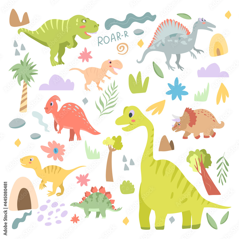 Set of cute carnivorous and herbivorous dinosaurs isolated on white background. Vector illustration in cartoon style for kids Set of cute carnivorous and herbivorous dinosaurs isolated on white background. Vector illustration in cartoon style for kids