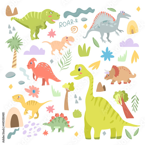 Fototapeta Naklejka Na Ścianę i Meble -  Set of cute carnivorous and herbivorous dinosaurs isolated on white background. Vector illustration in cartoon style for kids