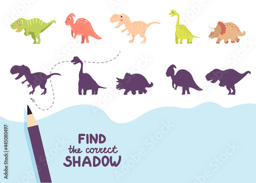Find the correct shadow. Cute dinosaurs. Educational game for kids. Collection of children s games. Vector illustration in cartoon style