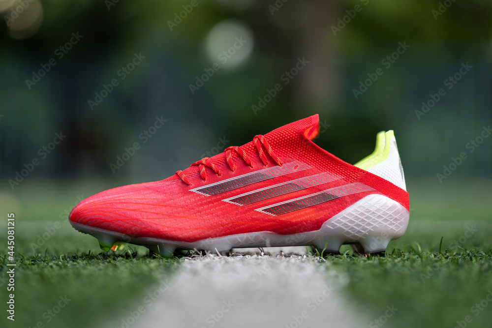 Thailand - July 2021 : Adidas launch "X Speedflow" the new football boots  that designed for speed and
