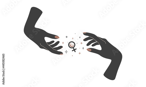 Alchemy esoteric mystical magic celestial talisman with woman hands with female sign. Spiritual object. Vector illustration