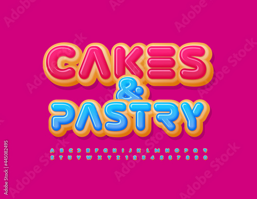 Vector tasty logo Cakes and Pastry. Delicious Donut Font. Blue glazed Alphabet Letters and Numbers set