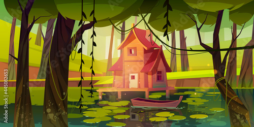 Stilt house at forest swamp with moored wooden boat. Old shack on piles in fantasy wood, witch hut, computer game background, mystic nature landscape with marsh pond, Cartoon vector illustration
