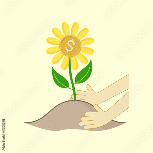 Hands creating a soil mound around a newly planted money tree. Build financial future. Growing investment. Vector illustration outline flat design style.