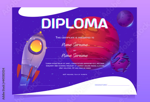 Diploma template with cosmos design for children in kindergarten or elementary school. Vector certificate for award kids, appreciation or celebration graduation with cartoon planets and spaceship