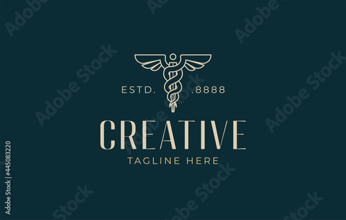 Caduceus medical line Logo Design Template. Vector Illustration of needle and wing symbol of medicine. Medical line icon design template