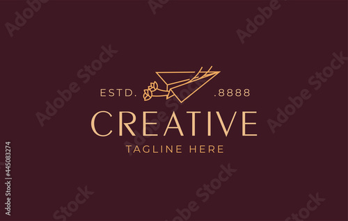 Flower plane line Logo Design Template. Vector Illustration of paper airplane with flower. Company and Business line icon design template