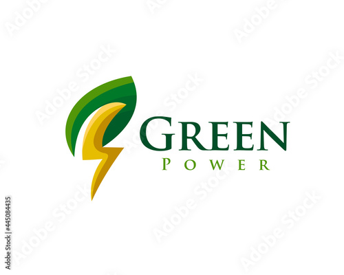 green, eco, bio, leaf power energy thunder bolt logo, symbol design template inspiration