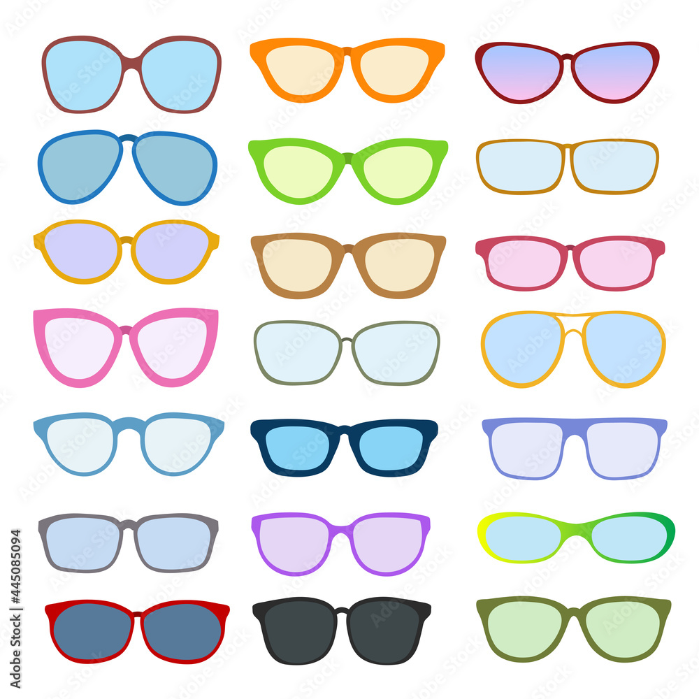 Big set of color sun glasses icon shape for design element on white, stock vector illustration