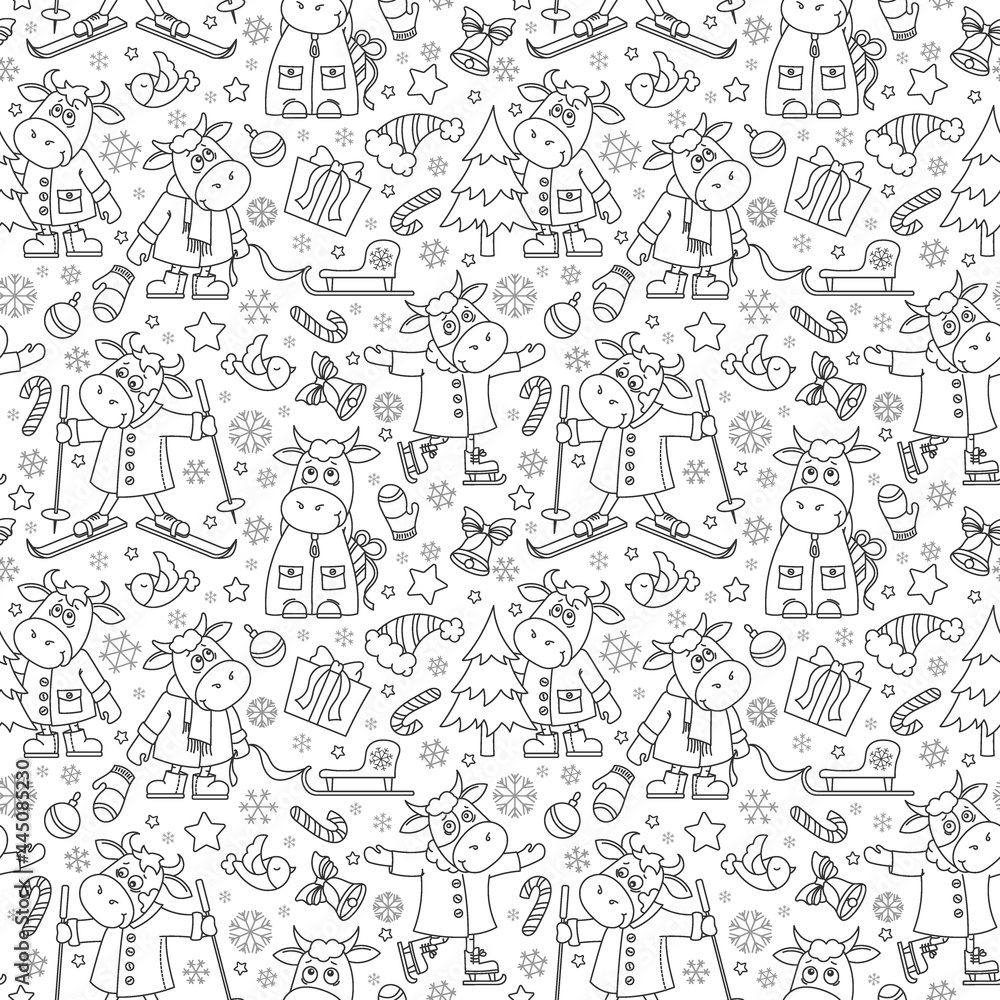 Seamless illustration on the theme of New Year holidays, funny cartoon bulls with snowflakes,contour animals on a white background Seamless illustration on the theme of New Year holidays, funny cartoon bulls with snowflakes,contour animals on a white background