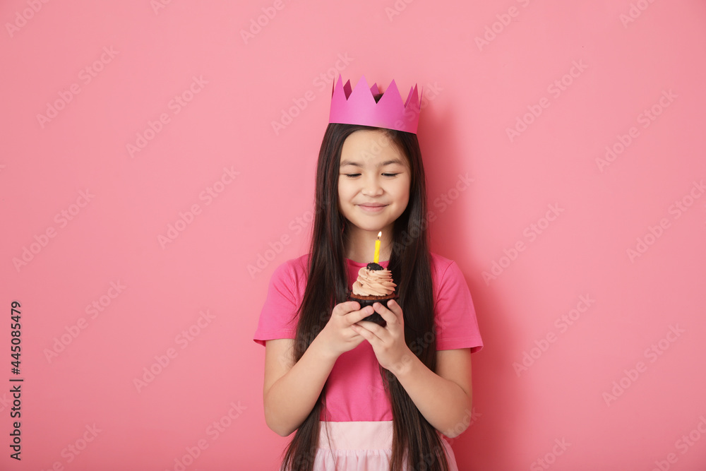 Cute little girl celebrating Birthday on color background Cute little girl celebrating Birthday on color background