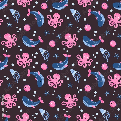 Seamless pattern with octopus, whales and jellyfish. Hand-drawn style. Design for decorating a nursery.
