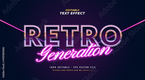 Colorful Retro Text Style and Glowing Purple Neon Effect. Editable Text Style Effect