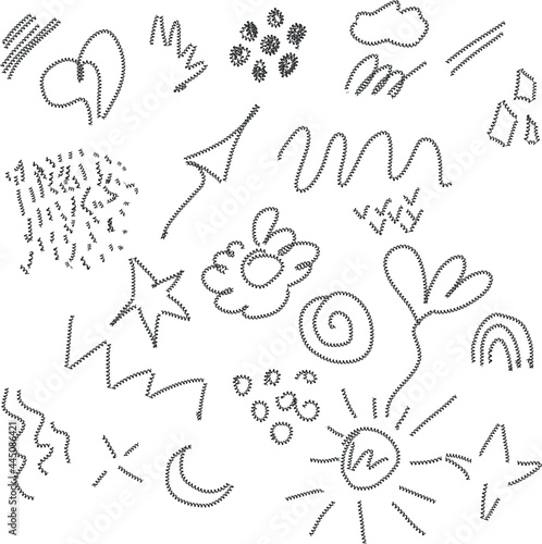 white background with black drawings doodle flowers, heart, lines, arrows, dots, circles, stars