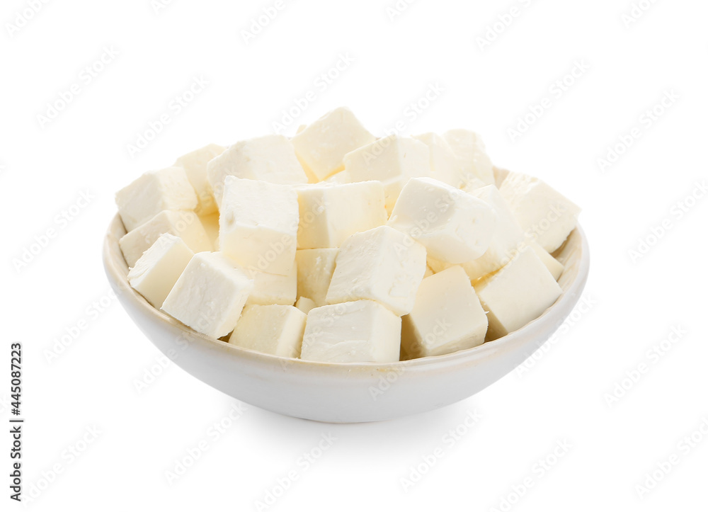 Bowl with pieces of feta cheese on white background Bowl with pieces of feta cheese on white background