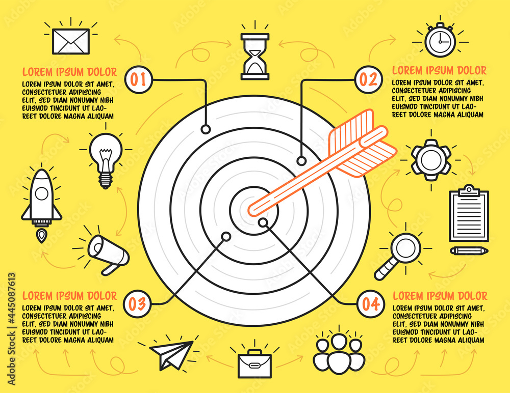 Infographic template with four steps with description on yellow background. Hand drawn target with arrow in center and business icons. Vector. Infographic template with four steps with description on yellow background. Hand drawn target with arrow in center and business icons. Vector.