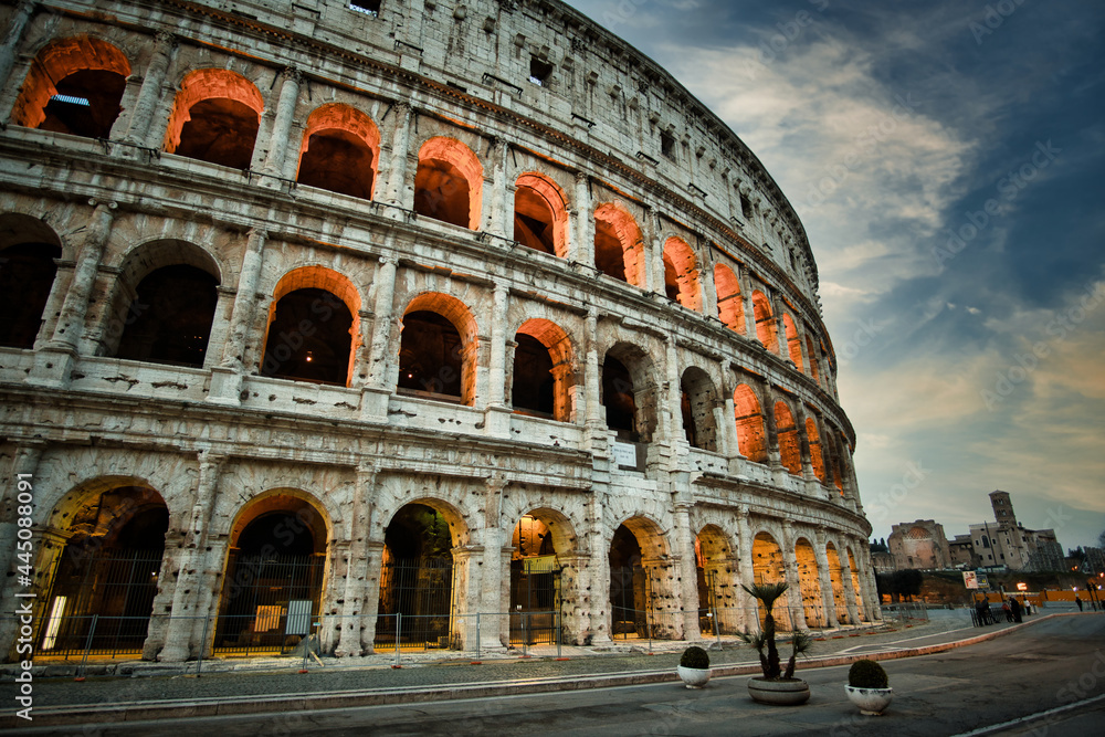 Colosseum in Rome in the night. travel directions and rest in Italy. Europe sightseeing landmarks and tourism