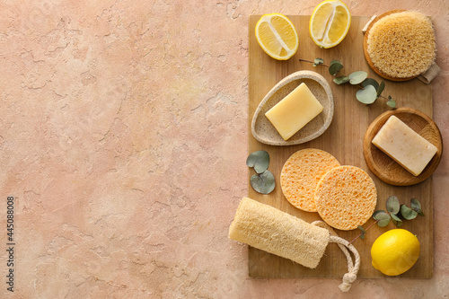 Composition with sponges and bath supplies on grunge background