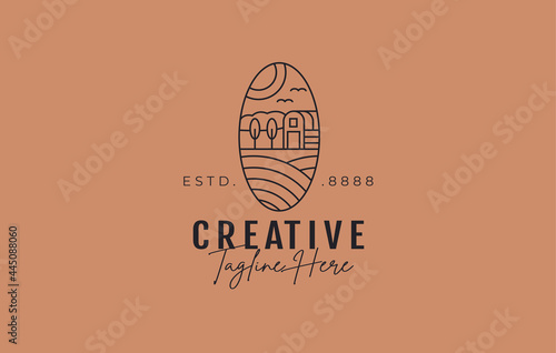Farm Hill Warehouse line Logo Design Template. Vector Illustration of Field view. line icon design template