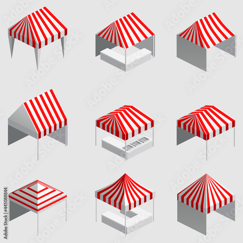 Set Isometric market stall, tent. Street awning canopy kiosk, counter, white red strings for fair, street food, market, grocery goods. Vector isolated
