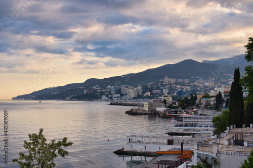 Yalta city coastline at sunset