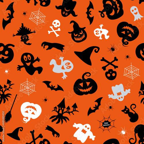 Halloween design. Halloween symbols: ghost, spider, pumpkin in cartoon style. Vector Illustration
