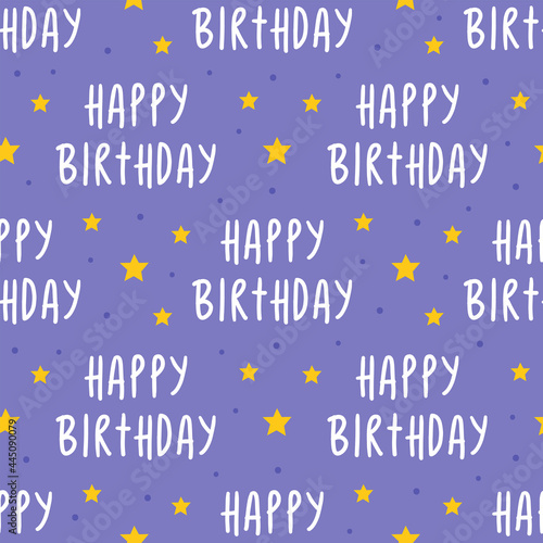Happy birthday seamless pattern. Holiday decoration, celebration. Vector childish illustration. Isolated on purple background.